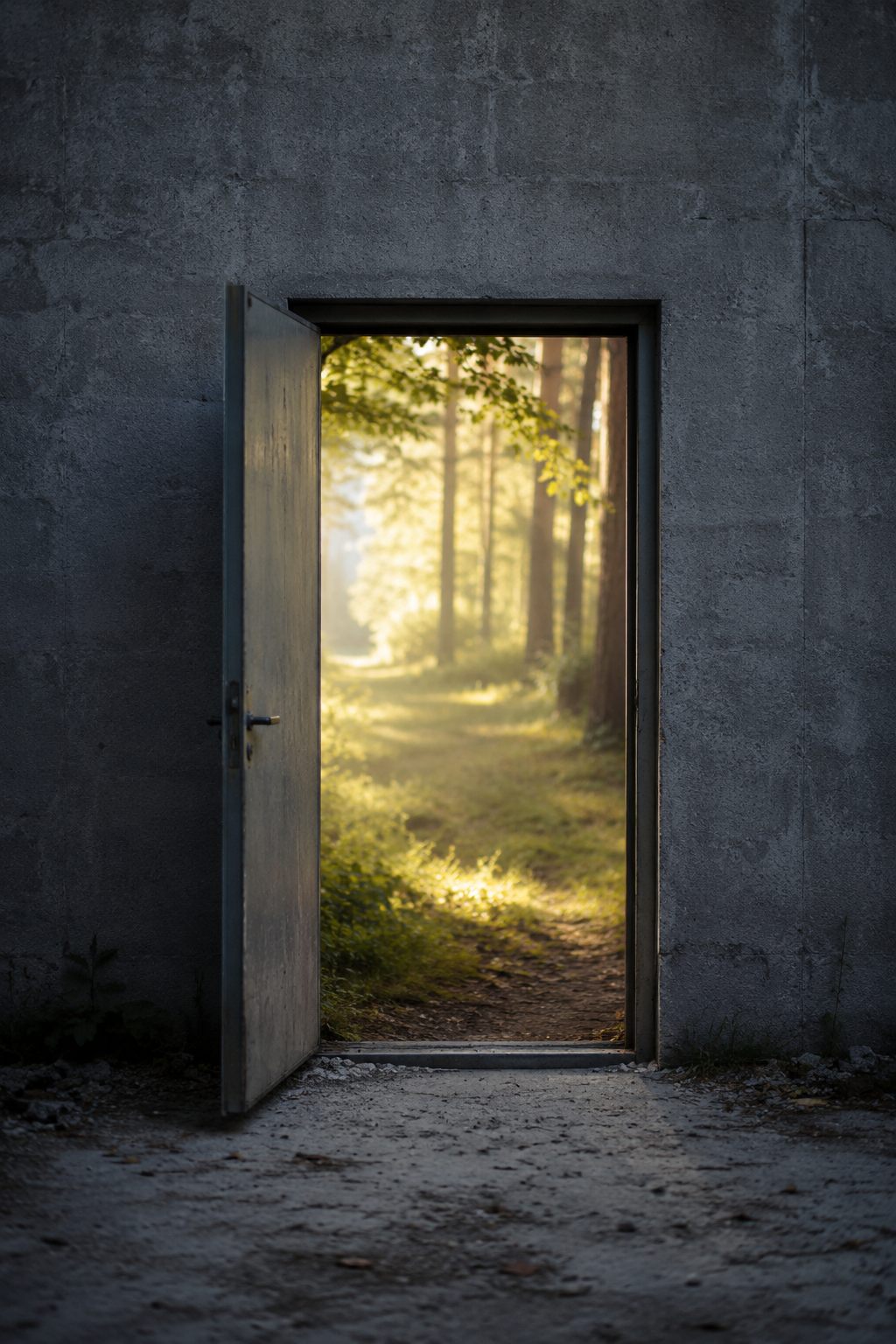 Eine graue Wand mit einer offenen Tür, hinter der ein sonnendurchfluteter Waldweg liegt.