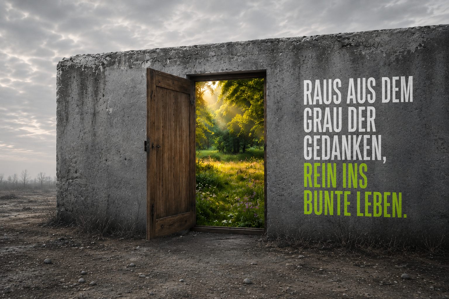 Graue Wand mit offener Tür in eine Waldlichtung, daneben der Schriftzug: Raus aus dem Grau der Gedanken, rein ins bunte Leben.